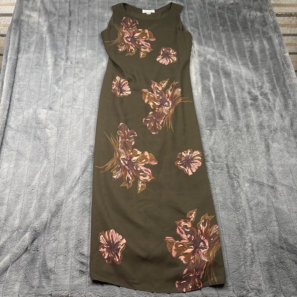 Petite Sophisticate Silk Floral Maxi Dress Olive Green Pink Size 8P Sleeveless